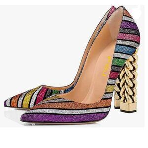 FSJ Multicolor Glitter Gold Metal Chain Chunky High Heel Pointed Toe Prom Pumps